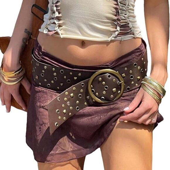 Accessories - Women Boho Wide Disc Concho Leather Belt Aesthetic Grunge Western Waist Belt Y2k